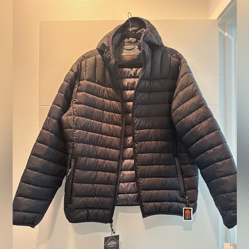 Hawke & Co Men Quilted Hooded Puffer Jacket Navy Blue Lightweight Snow Winter - Picture 6 of 11
